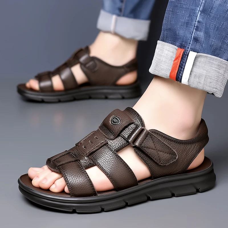Sandale décontractées en cuir pour homme, tendance, à semelle épaisse – Image 3