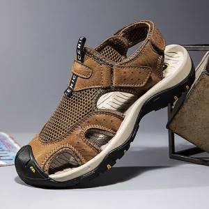 Sandales d'été en cuir pour homme, tige en maille respirante, décontractées.