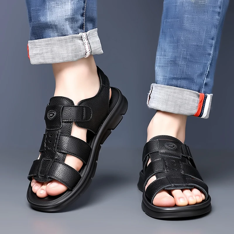 Sandale décontractées en cuir pour homme, tendance, à semelle épaisse – Image 4