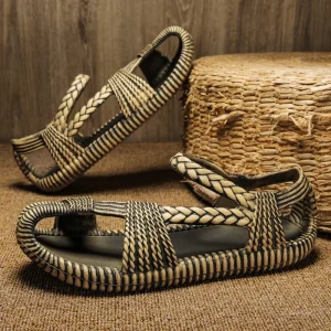 Sandales d'été en paille pour homme, plates confortables et décontractées, résistantes à l'usure.