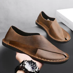 Sandales d'été pour homme en cuir véritable,  légères et respirantes et basses