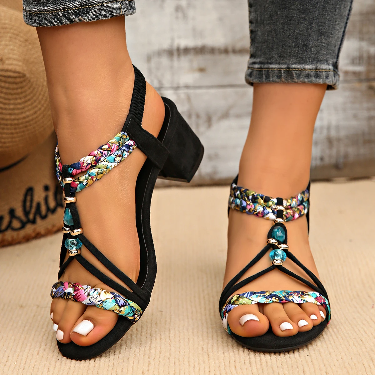Sandales bohèmes perlées pour femmes a talons épais et bride élastique style gladiateur – Image 2