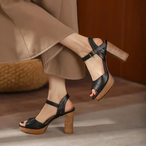 Sandales à talon carré en cuir véritable pour femme