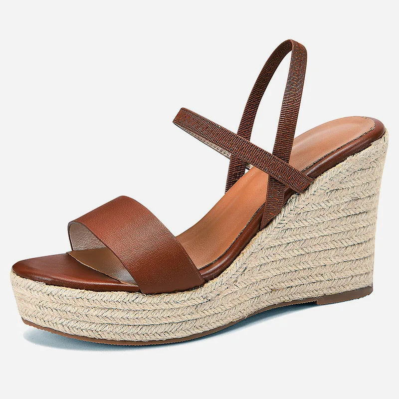 Sandales espadrilles à talons compensés bohème en cuir, design minimaliste – Image 6
