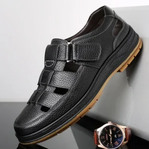 Sandales pour homme en cuir véritable, décontractées, respirantes, semelle souple antidérapante et design ajouré