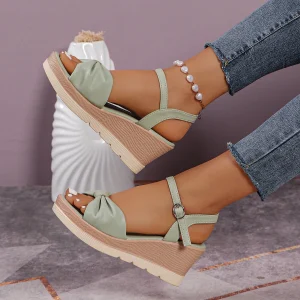 Sandales compensée pour femme, à plateforme, à bout ouvert, avec nœud.