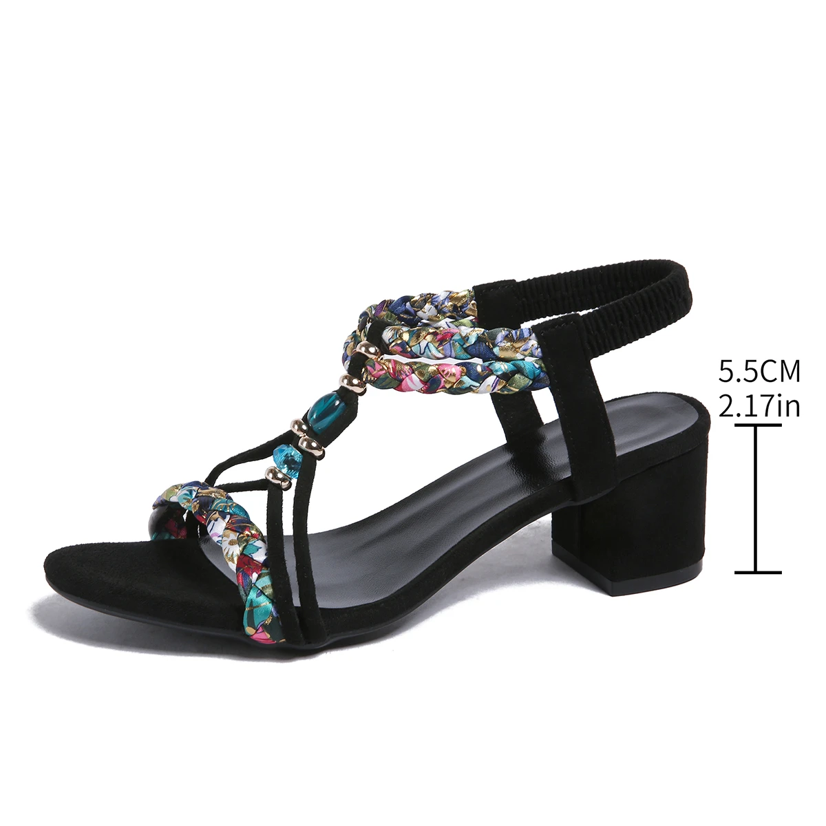 Sandales bohèmes perlées pour femmes a talons épais et bride élastique style gladiateur – Image 7