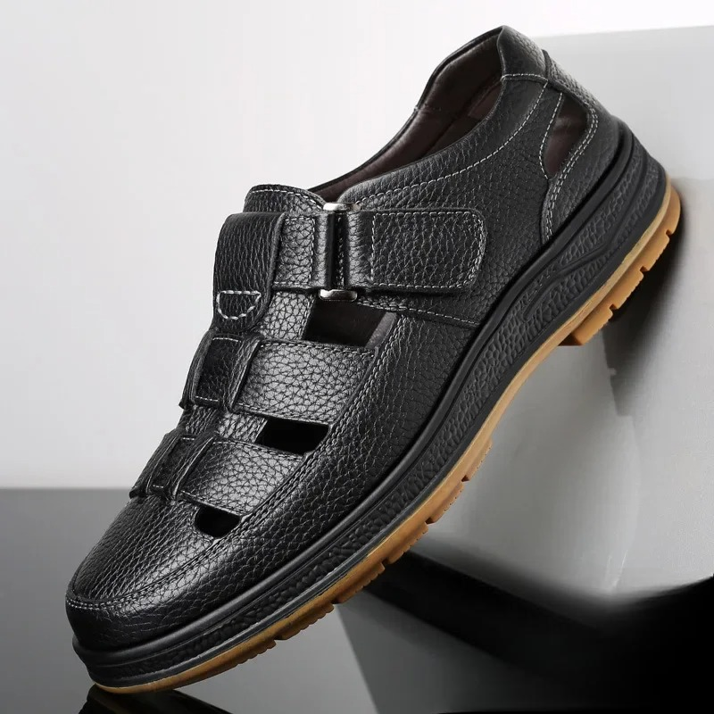 Sandales pour homme en cuir véritable, décontractées, respirantes, semelle souple antidérapante et design ajouré – Image 5