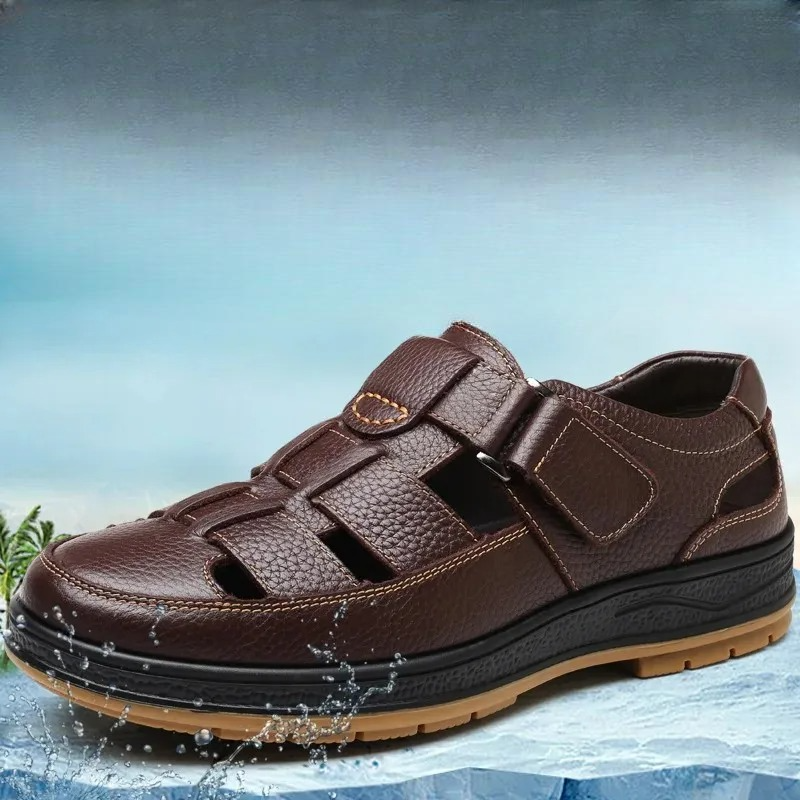 Sandales pour homme en cuir véritable, décontractées, respirantes, semelle souple antidérapante et design ajouré – Image 7