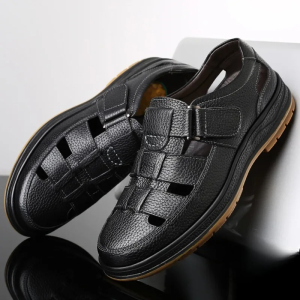 Sandales pour homme en cuir véritable, décontractées, respirantes, semelle souple antidérapante et design ajouré